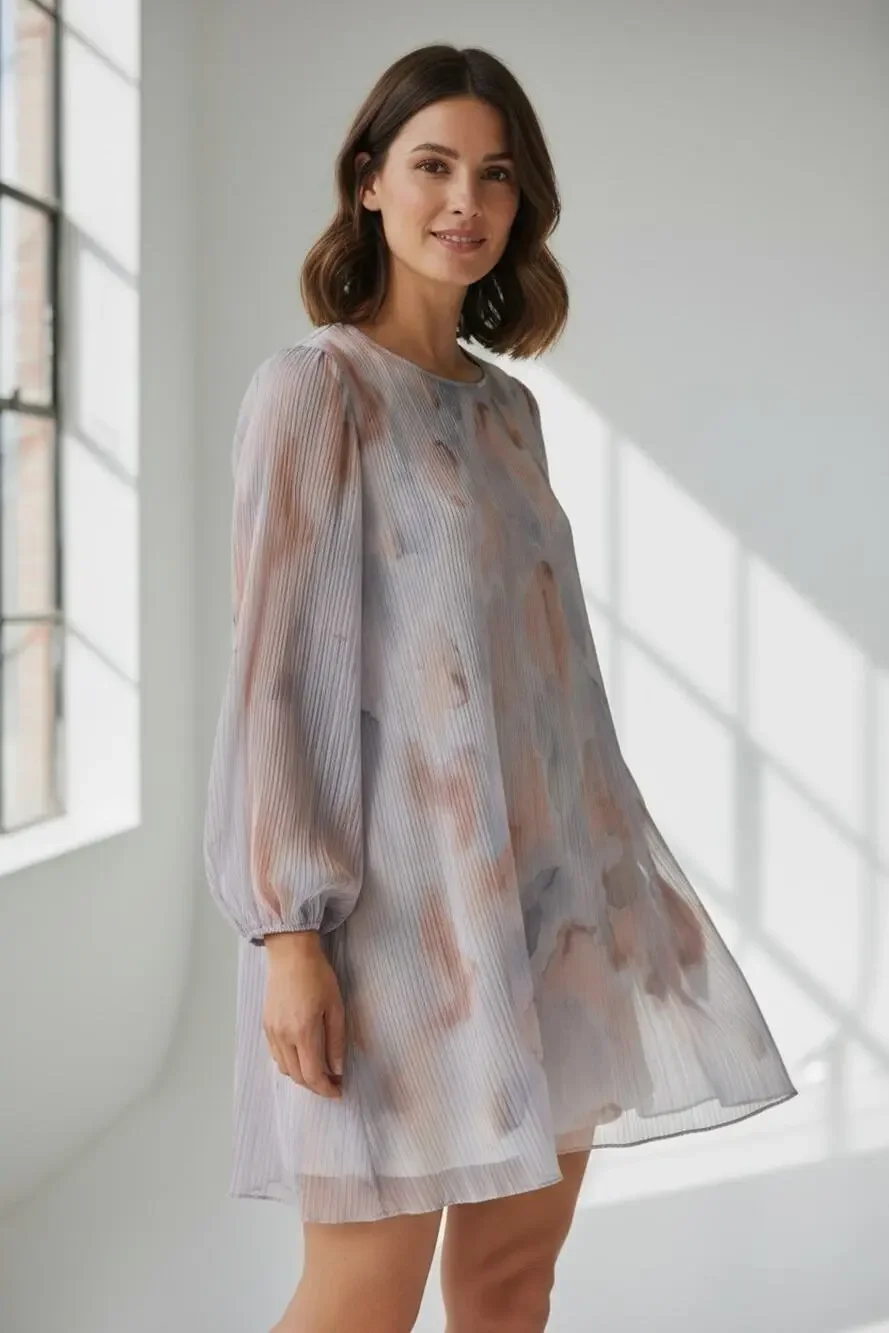 A8 NEW ARITZIA WILFRED Daydreamer Accordion Pleated Chiffon LS Mini Dress Sz S
